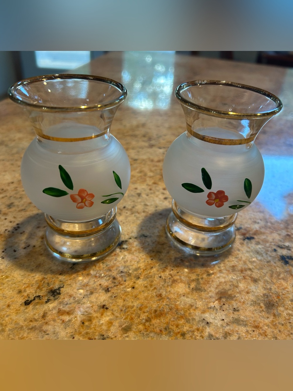 Bartlett Collins Hand-Painted Satin Floral Glass Votive Pair w/Gold Trim 4”H.